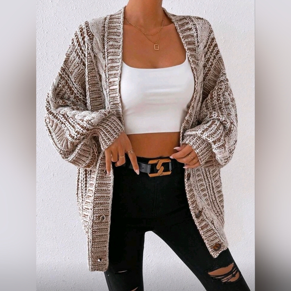 New Boho Chunky Cable Knit Cardigan Sweater Cream White Brown - Picture 2 of 10